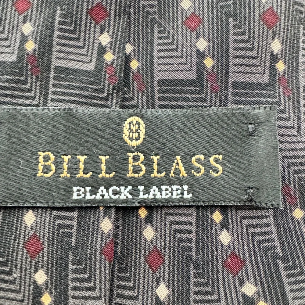🏷️ 3/$30 Bill Blass Black Label Silk Tie Geometric Pattern Gray Burgundy Gold